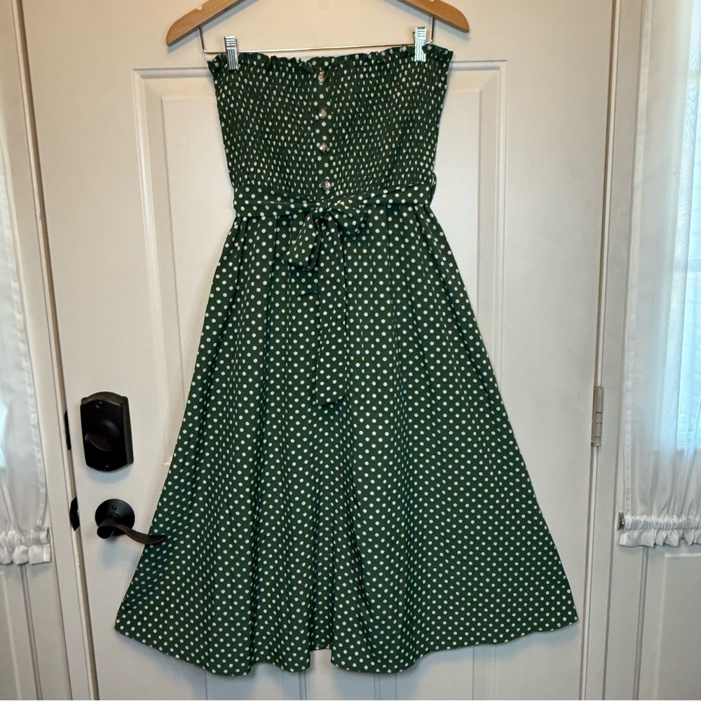 SHEIN Green and White Polka Dot Fabric Strapless Dress Sz L